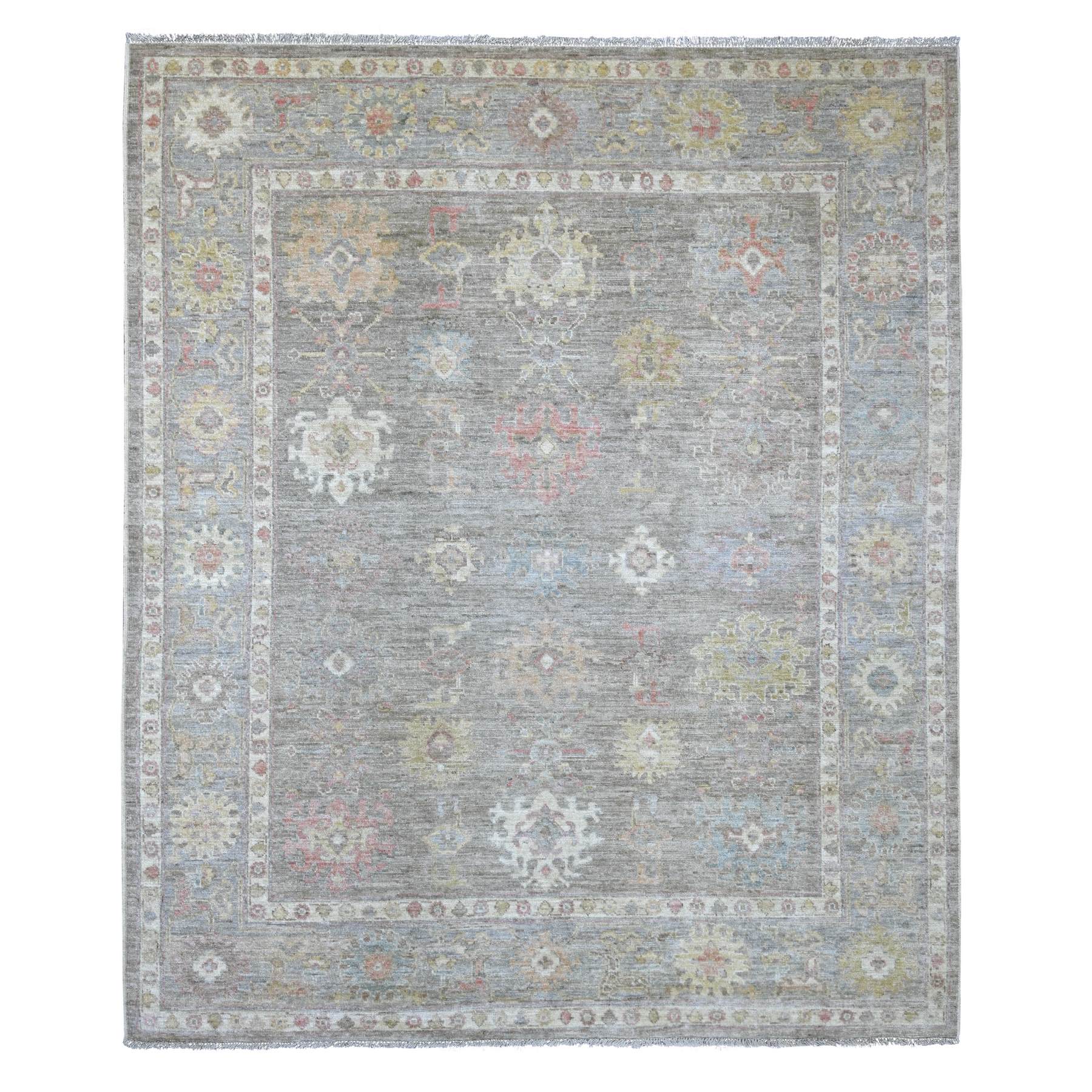 8'x9'4" Faded Brown, Hand Knotted, Afghan Angora Oushak with All Over Leaf Design, 100% Wool, Vegetable Dyes, Oriental Rug 